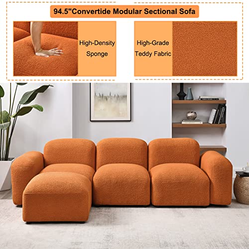 GNIXUU Modular Sectional Sofa, 94.5" Convertible L-Shaped Couch for Living Room, Modern Minimalist Teddy Sherpa Cloud Couches with 2 Comfy Pillows, Orange