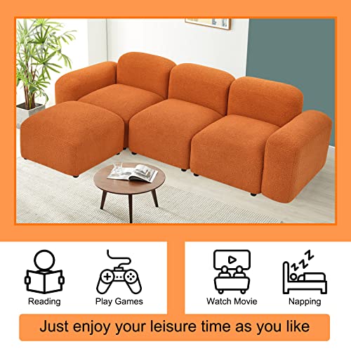 GNIXUU Modular Sectional Sofa, 94.5" Convertible L-Shaped Couch for Living Room, Modern Minimalist Teddy Sherpa Cloud Couches with 2 Comfy Pillows, Orange