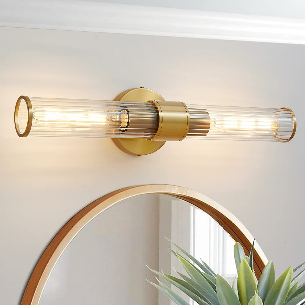 Vaziden Bathroom Light Fixtures, Gold Wall Sconce in Threaded Glass Indoor Wall Sconces, Modern Bathroom Vanity Light Up and Down Sconces Wall Lighting for Living Room, Hallway - Bulb Not Included