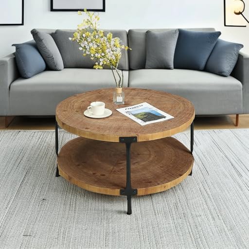 Awescuti Round Boho Wood Coffee Table - 29.1" Farmhouse Natural Circle Wooden 2-Tier Coffee Tables Living Room Furniture, Natural Wood Color, 29.1" D x 18.3" H