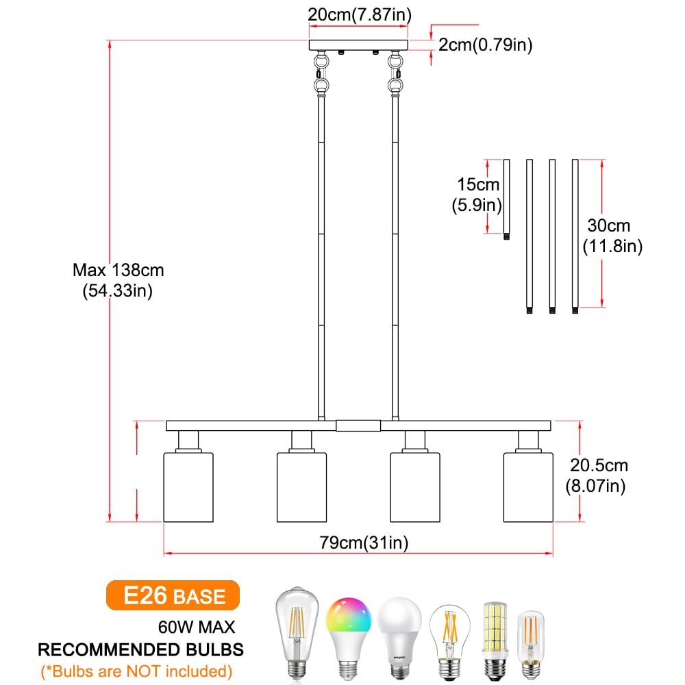 4-Light Kitchen Island Lighting, Black Farmhouse Chandelier with Adjustable Height & Clear Glass Shades, Linear Hanging Dining Room Light Fixture Over Table Bar, Industrial Island Lights for Kitchen