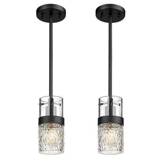 LMS 2-Pack Modern Matte Black Pendant Light, Adjustable Hanging Pendant Lighting with Hammered Glass, Tiltable Pendant Lighting for Kitchen Island, Bathroom, Bedroom, LMS-201