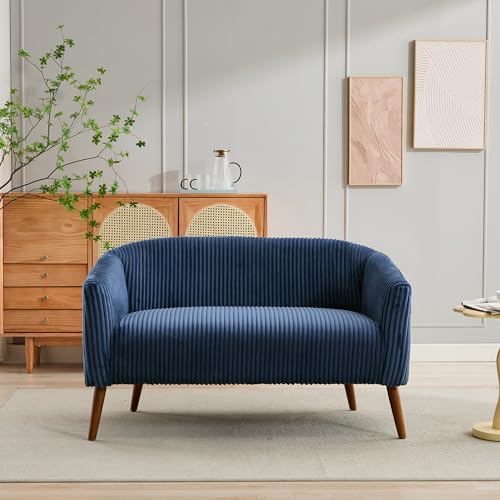 YINFITIN 50.8" Minimalist Modern Sofa Couch, Corduroy 2-Seat Upholstered Sofa, Comfy Loveseat with Curved Armrest&Solid Wood Legs for Apartment Bedroom Small Space Office Studio, Navy