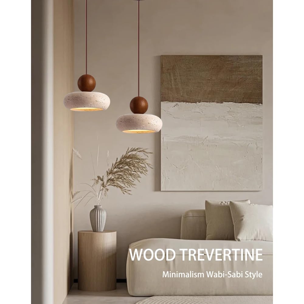 WOSBO Wabi Sabi Pendant Light, 5.9" Natural Yellow Travertine Pendant Light with Round Stone Shade and Wooden Globe, Retro Mini Pendant Lighting Perfect for Bedroom Bedside Light Living Room Kitchen