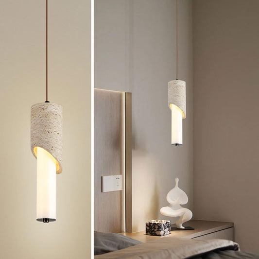WOSBO Yellow Travertine Pendant Light, 11.8" Wabi Sabi Pendant Light with Inclined Half Cylinder Stone Lampshade, Nordic Style Concrete Hanging Lamp Fixture for Bedroom Living Room Kitchen Lighting