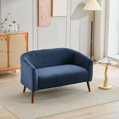 YINFITIN 50.8" Minimalist Modern Sofa Couch, Corduroy 2-Seat Upholstered Sofa, Comfy Loveseat with Curved Armrest&Solid Wood Legs for Apartment Bedroom Small Space Office Studio, Navy