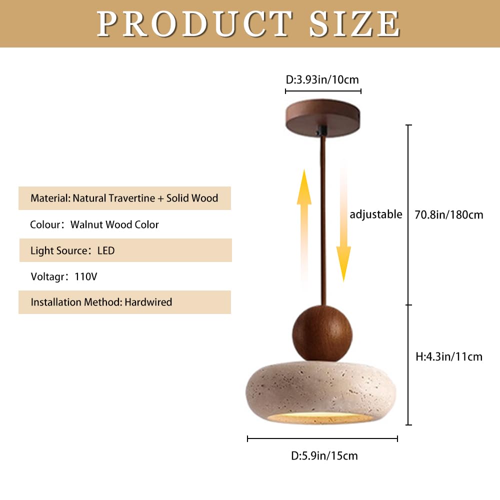 WOSBO Wabi Sabi Pendant Light, 5.9" Natural Yellow Travertine Pendant Light with Round Stone Shade and Wooden Globe, Retro Mini Pendant Lighting Perfect for Bedroom Bedside Light Living Room Kitchen