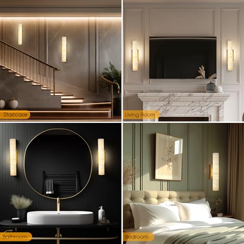 Alabaster Wall Sconces, 20" Brass Wall Sconce, Modern Bathroom Sconces, Indoor Gold Wall Sconces, Spanish Natural Marble Sconces Wall Lighting for Living Room, Bedroom, Hallway, Stairs