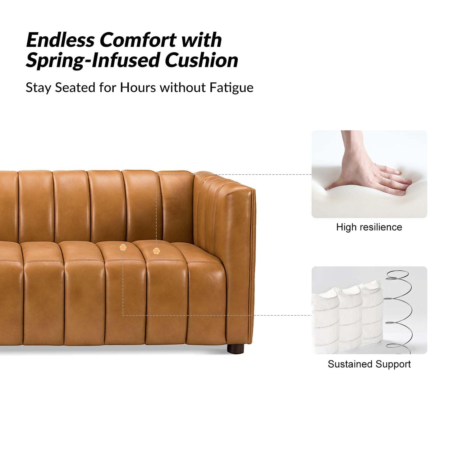 HULALA HOME 83" Genuine Leather Sofa, Sofa Leather for Living Room, 3 Seater Sofa Couch Top Layer Leather Large Sofa Furniture with Channel Tufted Seat Back & Square Arms (Camel)