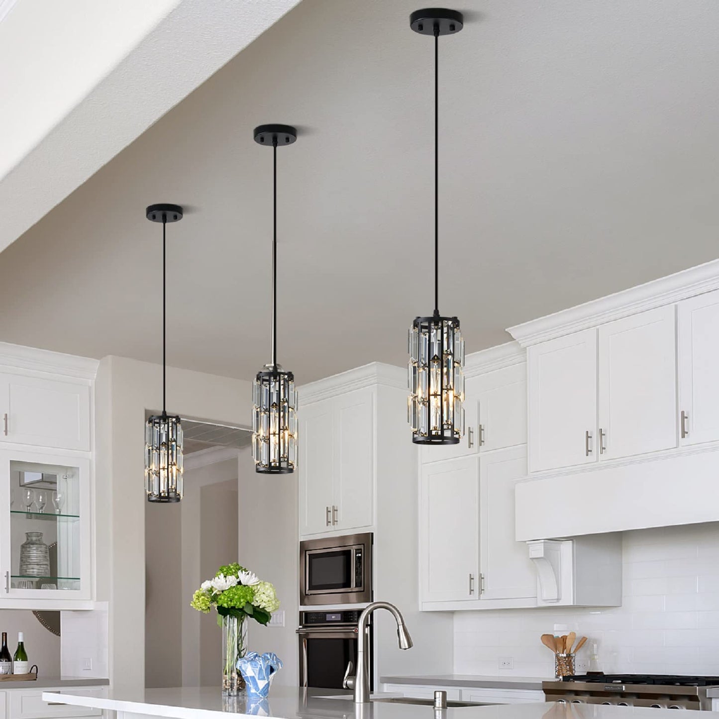 XLHYTF Black Pendant Lighting Modern Pendant Lighti，Pendant Lights Kitchen Island Crystal Pendant Light Fixture，Mini Crystal Chandeliers for Kitchen, Dining Room and Bedroom (3 Pack)