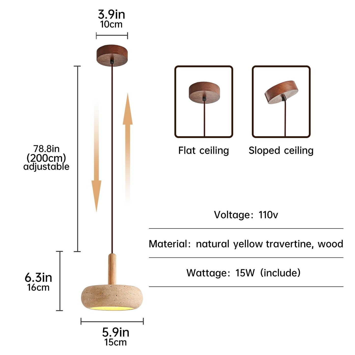 Wabi Sabi Pendant Light Natural Stone Shade Nordic Wood Chandelier,Yellow Travertine Cave Lamp, Japanese Style Lights 15W,Natural Stone Lights for Dining Room Bedside Kitchen Island Hallway