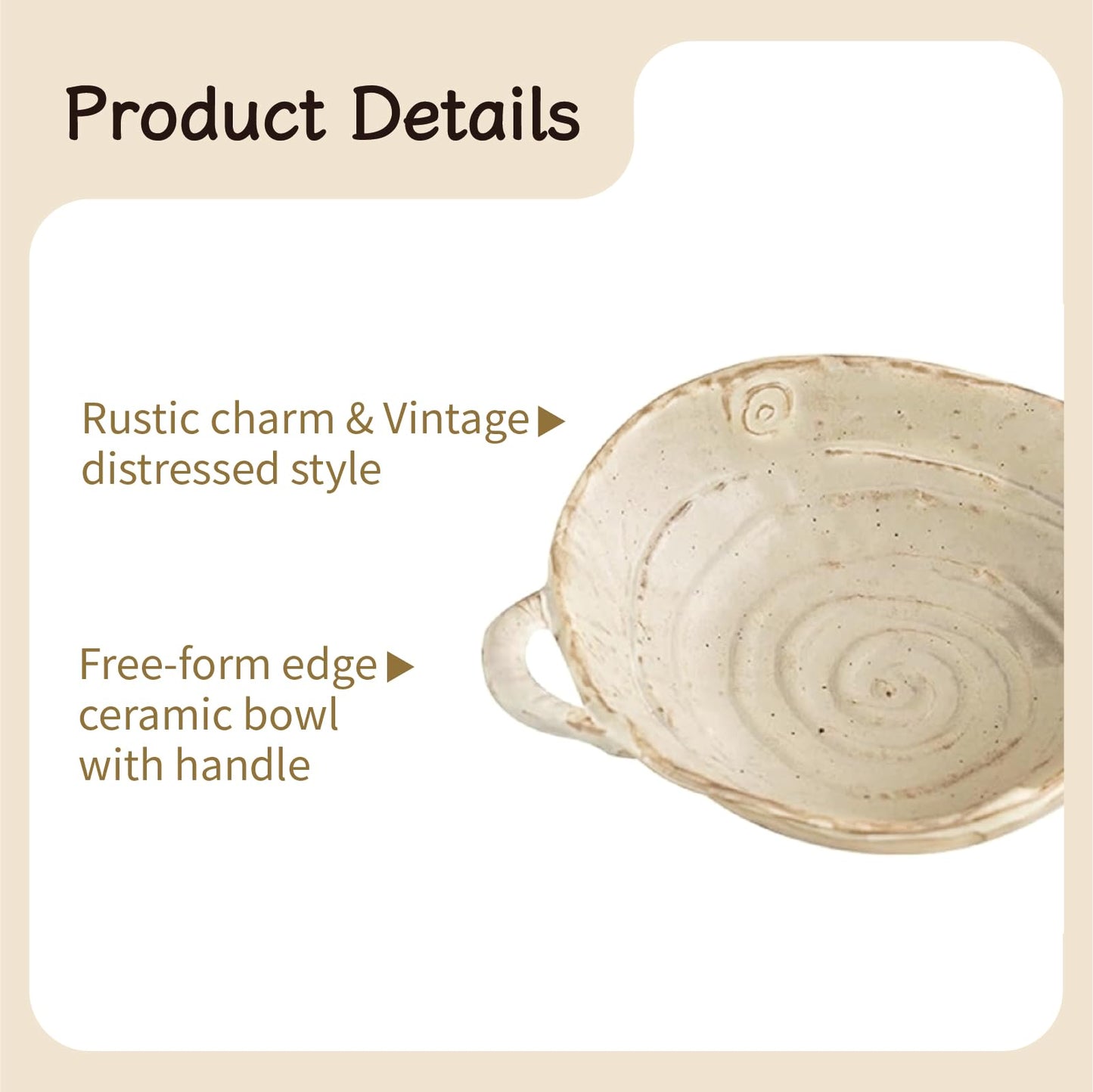 seicasaya 9-inch Ceramic Serving Bowl with Handles, Rustic Free-Form Edge Design, Decorative Bowl for Fruits Salads Pasta (Natural Beige)