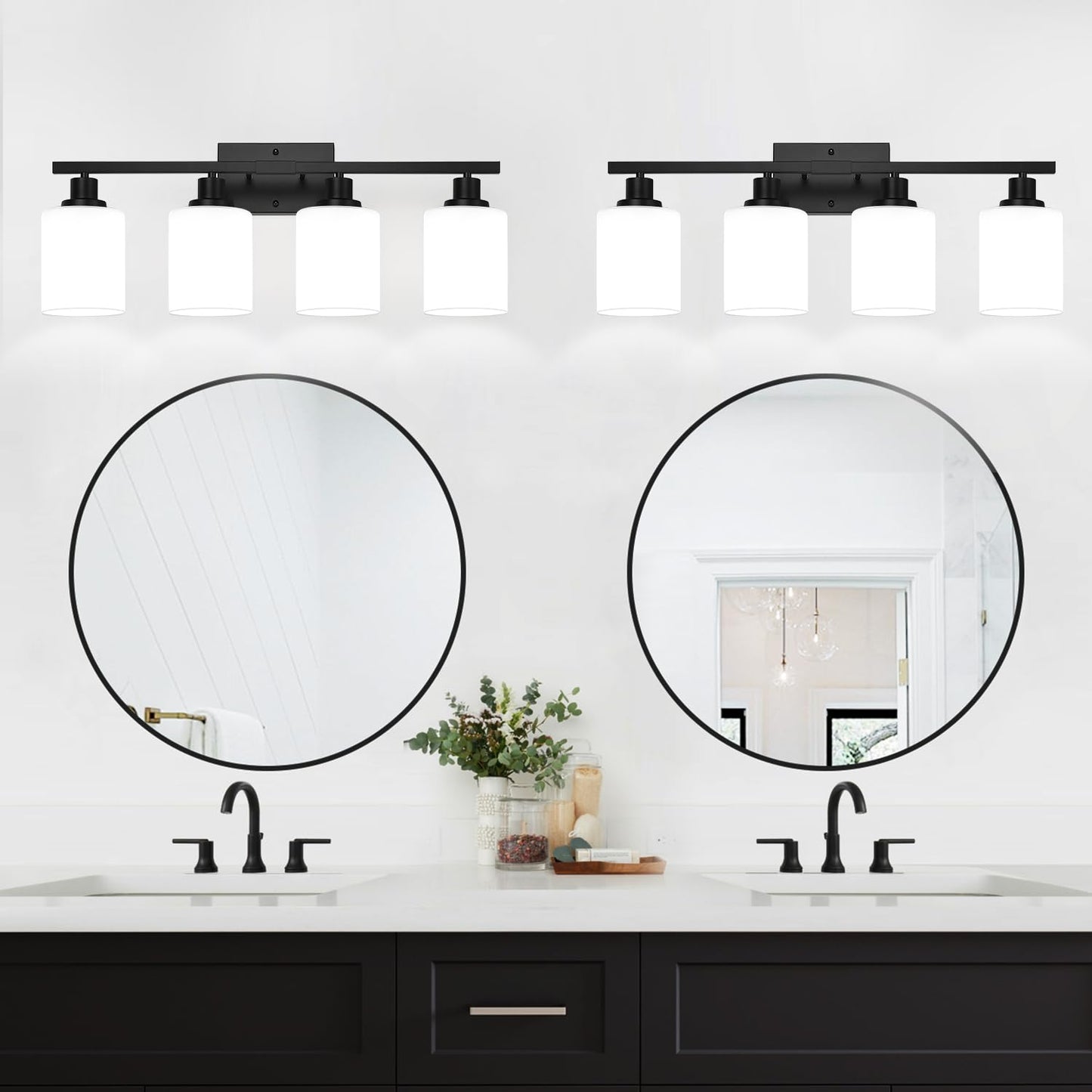 MOKATNG 4-Light Bathroom Light Fixtures, Vanity Light with Milky White Shades, Matte Black Bathroom Light Fixtures Over Mirror, Modern Bathroom Wall Lamp for Mirror Living Room Cabinet Bedroom