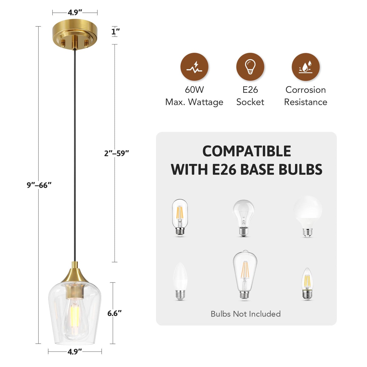 VONLUCE Pendant Lights Kitchen Island, Brushed Gold Pendant Light Fixtures with E26 Base & Adjustable Cable, Modern Pendant Lighting with Glass Shade for Living Room Bedroom Hallway, 3 Packs
