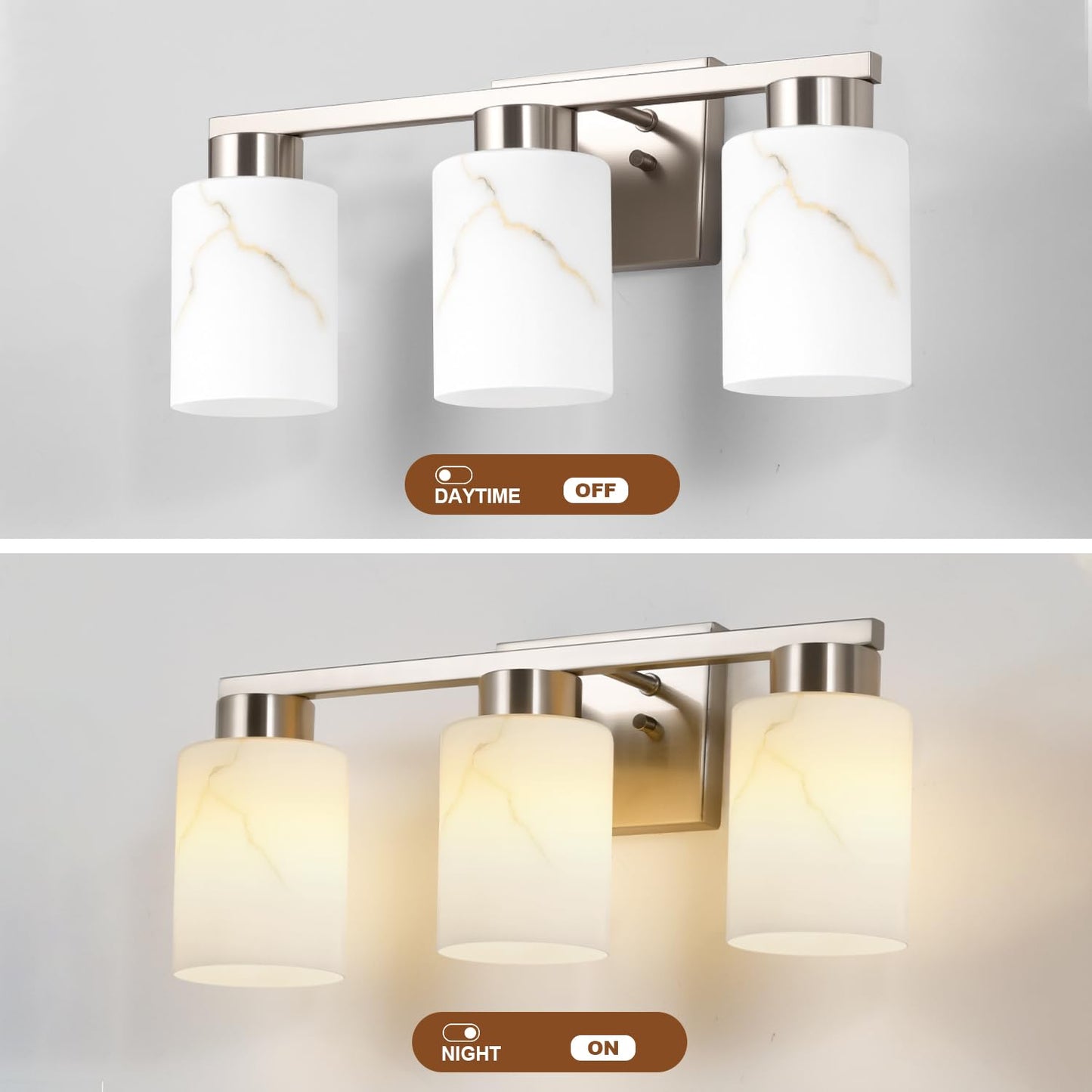 Mieloxiy 3-Light Bathroom Light Fixtures, Modern Vanity Lights, Brushed Nickel Metal Wall Lamp with White Marble Glass for Bathroom, Mirror, Living Room, Bedroom, Cabinet, Porch, Hallway, E26 Base