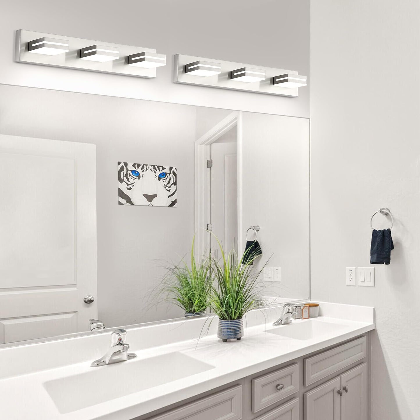 OKELI 3 Light Bathroom Vanity Light Brushed Nickel Modern 24W LED Dimmable Vanity Light Over Mirror 350° Adjustable Lamp Head Cold White 6000K ETL Listed 22Inch