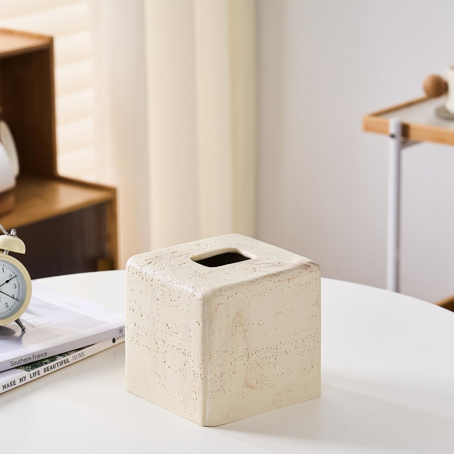 Natural Travertine Textures Tissue Box Cover Square for Home Decor,Resin Heavy Tissue Box Holder for Bathroom Countertop,Tabletop,Bedside Table,Office (Handmade of Resin)