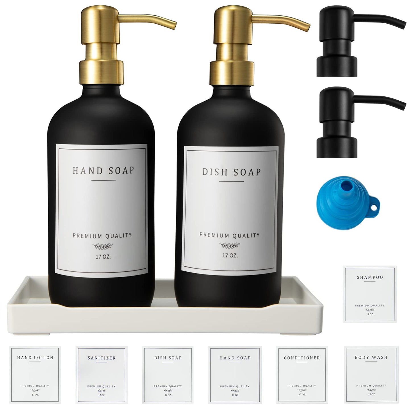 Glass Soap Dispenser for Kitchen Sink,Farmhouse Kitchen Dish Soap Dispenser&Hand Soap Dispenser Set,Rustproof Pump Soap Dispenser Bathroom with Tray,Waterproof Label for Kitchen Decor(Black