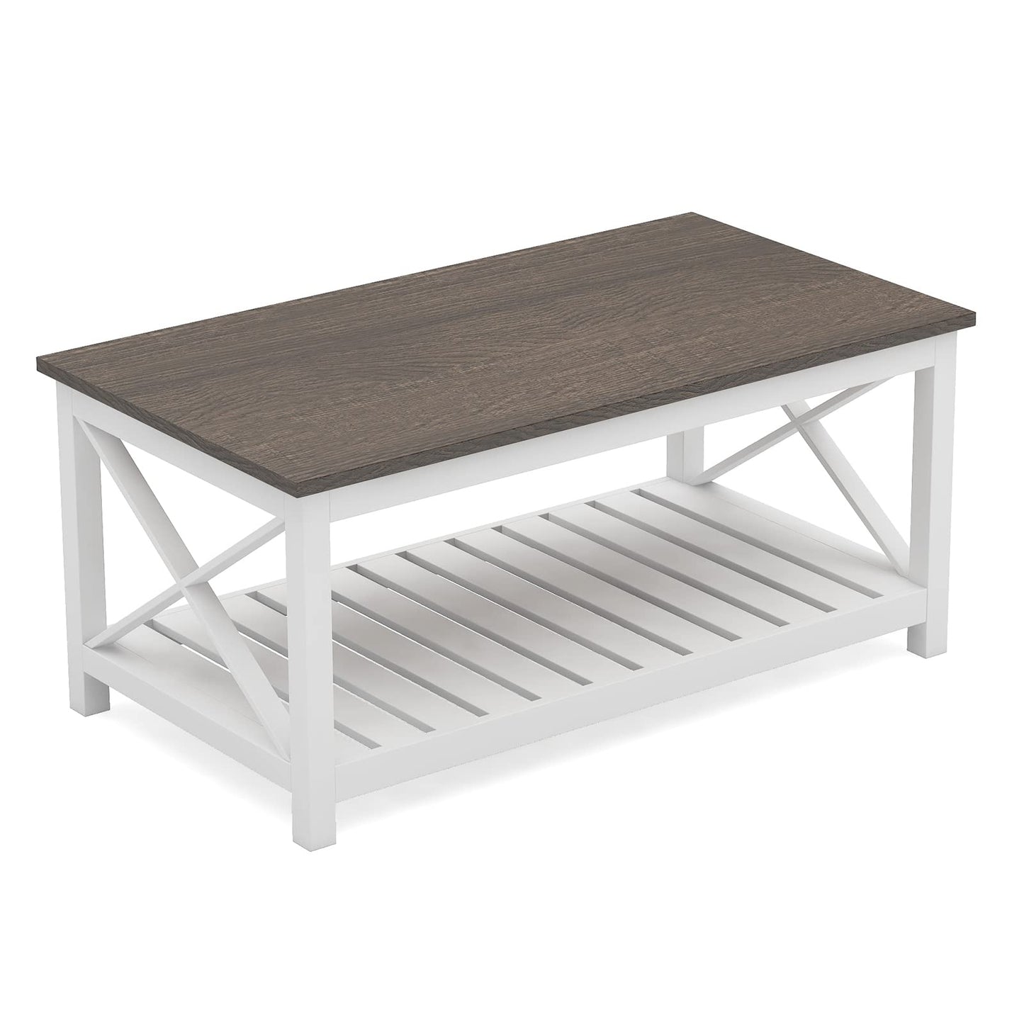 ChooChoo Coffee Table, Rustic Farmhouse Table with Shelf for Living Room, Vintage Finish White