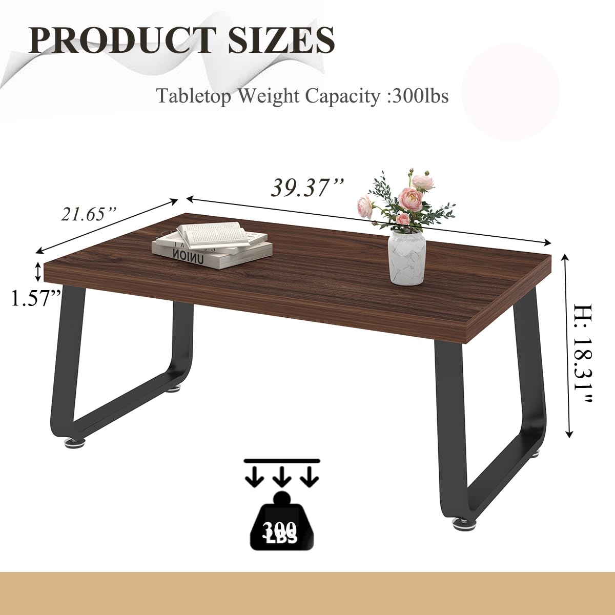 HSH Rustic Walnut Coffee Table, 39” Mid Century Modern Center Table, Rectangle Industrial Living Room Coffee Table, Simple Farmhouse Wood and Metal Tea Coffee Tables for Home Bedroom, Walnut, 39 in