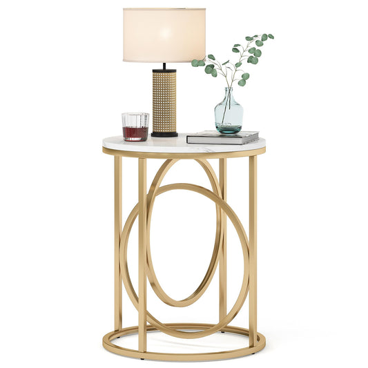 LITTLE TREE 20” Round End Table，Modern Sofa Side Table with Gold O-Shaped Base, Faux Marble White Cocktail Table Accent Table Nightstand for Living Room Bedroom