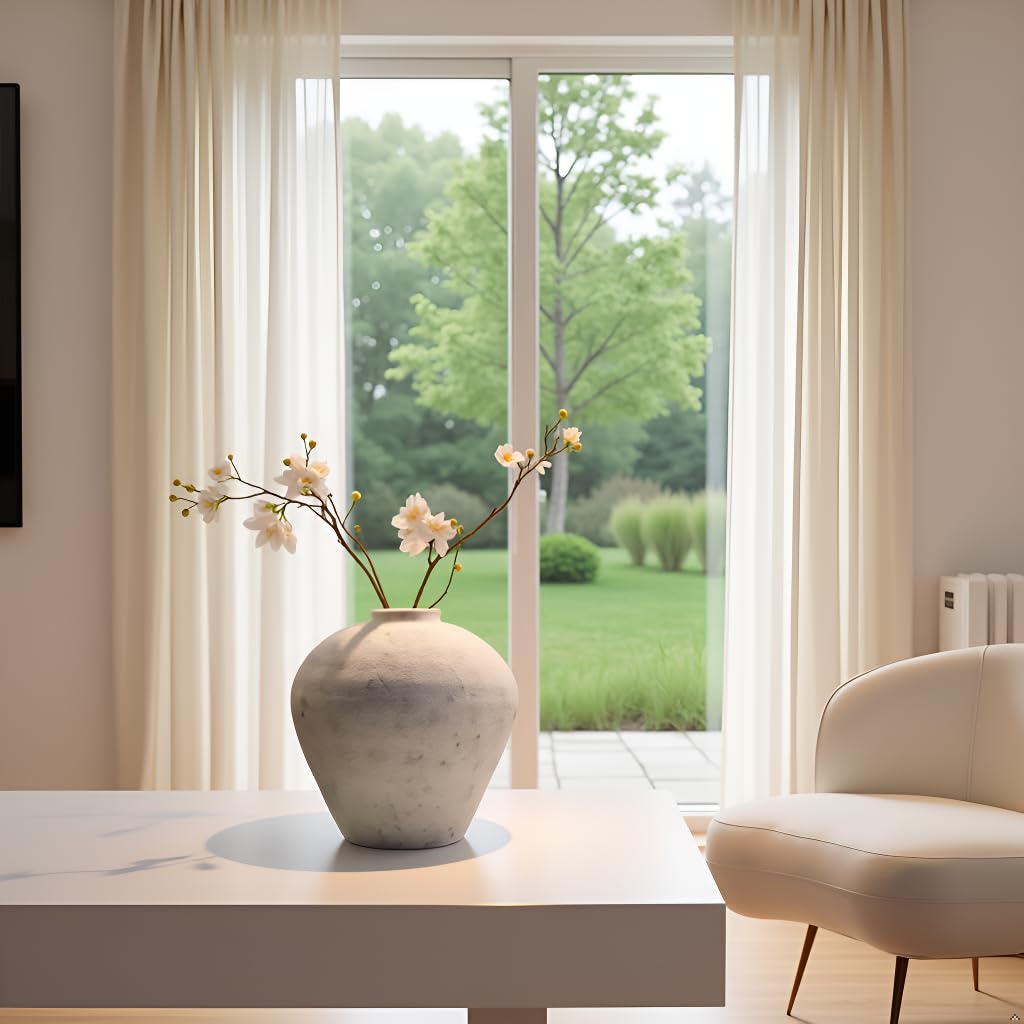 Handemade Large Round Vase for Centerpieces, White Rustic Vase Farmhouse Decor, Distressed Textured for Home Decorations, Earthy Room Decor Aesthetic, Stone Look Ceramic Clay Pottery, 10 inch