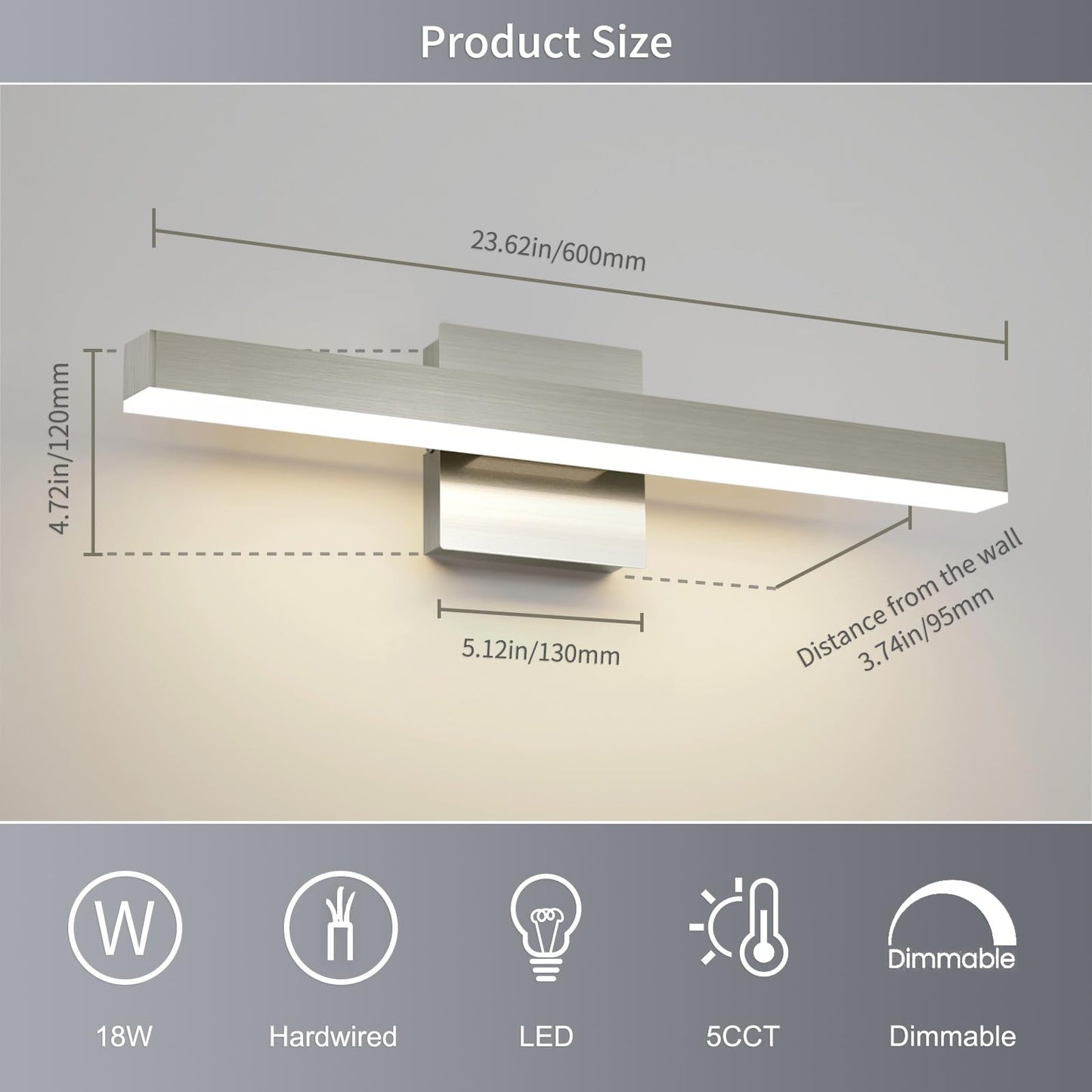 Joossnwell Bathroom Vanity Light Brushed Nickel Bathroom Light Fixtures Over Mirror 23.62 inch 5CCT Dimmable Modern LED Vanity Lighting Bar ETL Certificated