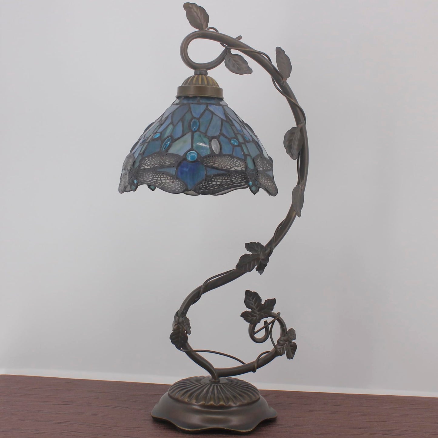 WERFACTORY Tiffany Lamp Sea Blue Stained Glass Dragonfly Style Desk Reading Light, Metal Leaf Table Lamp Base 8X10X21 Inches Decor Small Space Bedside Bedroom Home Office S147 Series