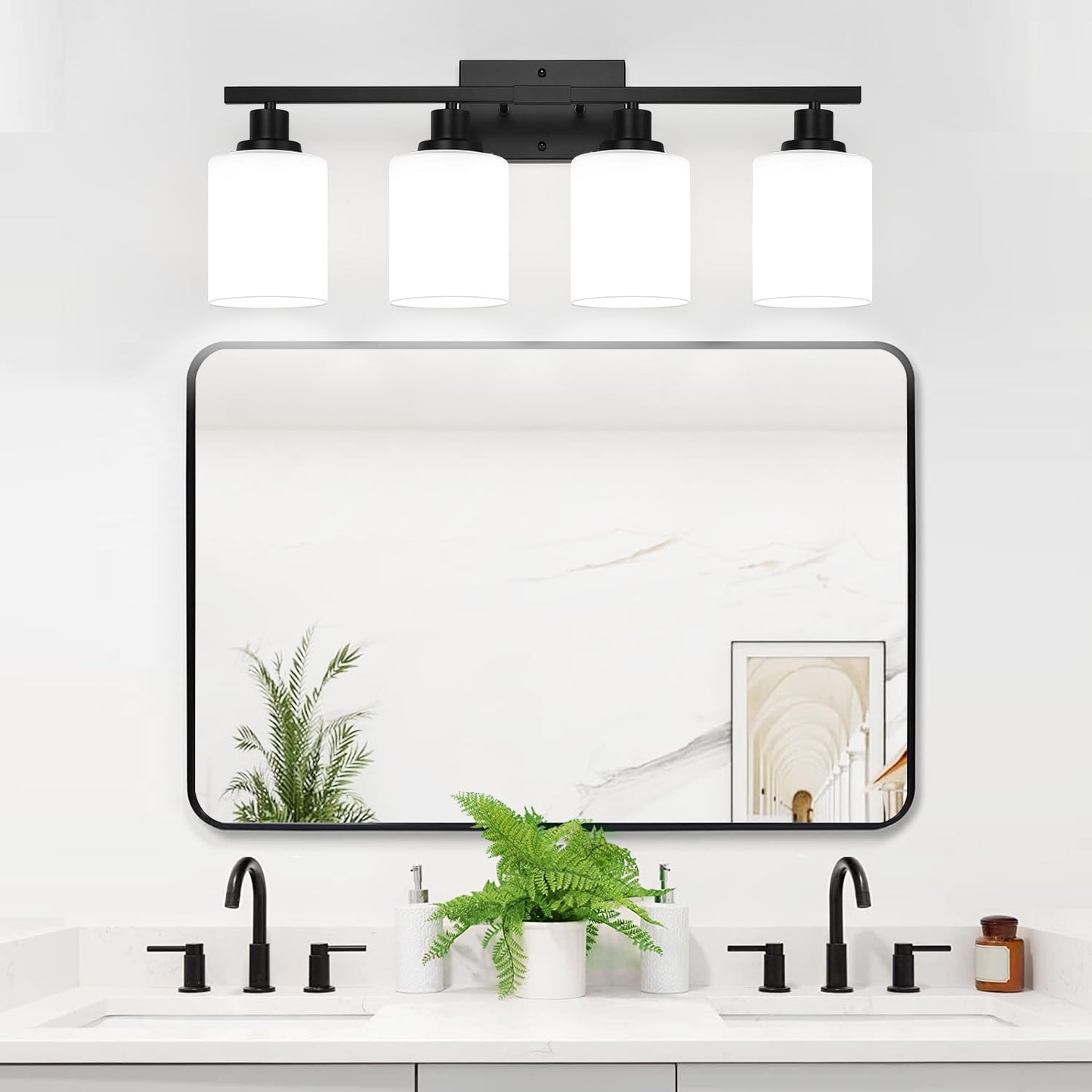 MOKATNG 4-Light Bathroom Light Fixtures, Vanity Light with Milky White Shades, Matte Black Bathroom Light Fixtures Over Mirror, Modern Bathroom Wall Lamp for Mirror Living Room Cabinet Bedroom