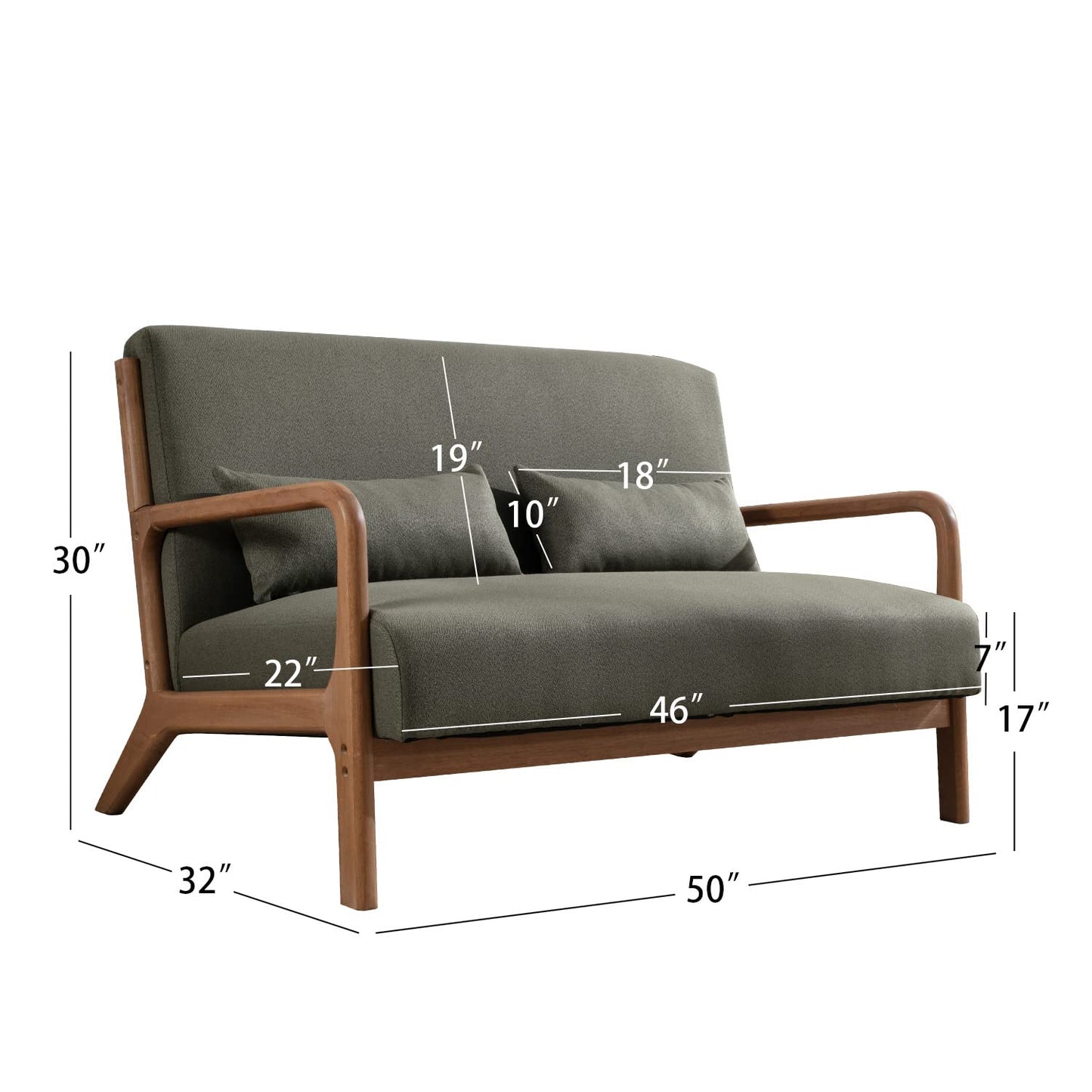 INZOY 50" Love seat Sofa 2 Seat Mid Century Modern Accent Chair, Uplostered 2 Person Couch Loveseat for Small Place Bedroom Office, Wood Frame and Attached 2 Waist Cushions, Green
