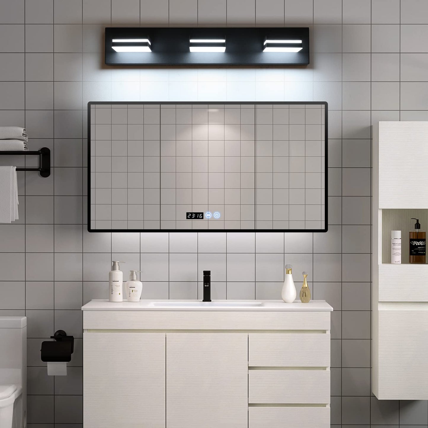 SineRise LED Modern Bathroom Vanity Light Fixtures (3-Light, 24-Inch), Matte Black Modern Acrylic Bathroom Wall Lighting Fixtures Over Mirror (Cool White 6000K)