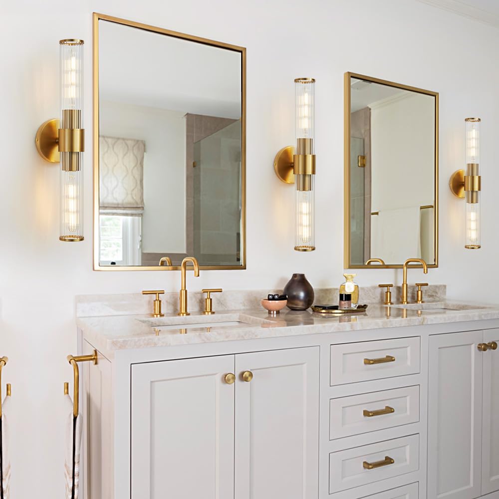 Vaziden Bathroom Light Fixtures, Gold Wall Sconce in Threaded Glass Indoor Wall Sconces, Modern Bathroom Vanity Light Up and Down Sconces Wall Lighting for Living Room, Hallway - Bulb Not Included