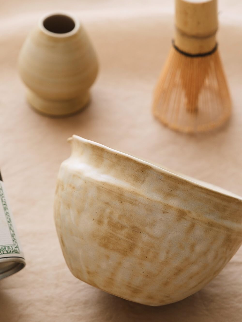 WUSEI 6-pcs Japanese Matcha Whisk Set with Handmade Wabi-Sabi Ceramic Bowl(Chawan),Bamboo Chasen, Whisk Holder, Scoop, Sifter & Tea Towel,Matcha Ceremony Kit,(Sandstone Reactive Glaze)