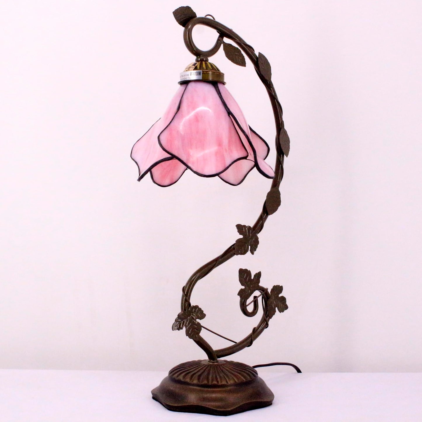 WERFACTORY Tiffany Lamp Pink Stained Glass Table Lamp, Metal Leaf Table Desk Reading Light 8X10X21 Inches Decor Small Space Bedroom Home Office S701 Series
