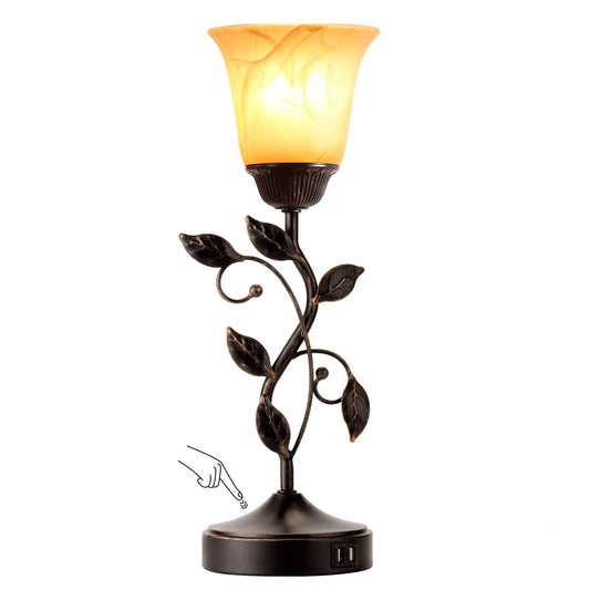Touch Control Table Lamp with 2 USB Charging Ports, 3-Way Dimmable Bedside Nightstand Lamps, Amber Glass Shade Vintage Rural Leaf Lamp for Living Room, Bedroom, Dresser, LED Bulb Included (Bronze)