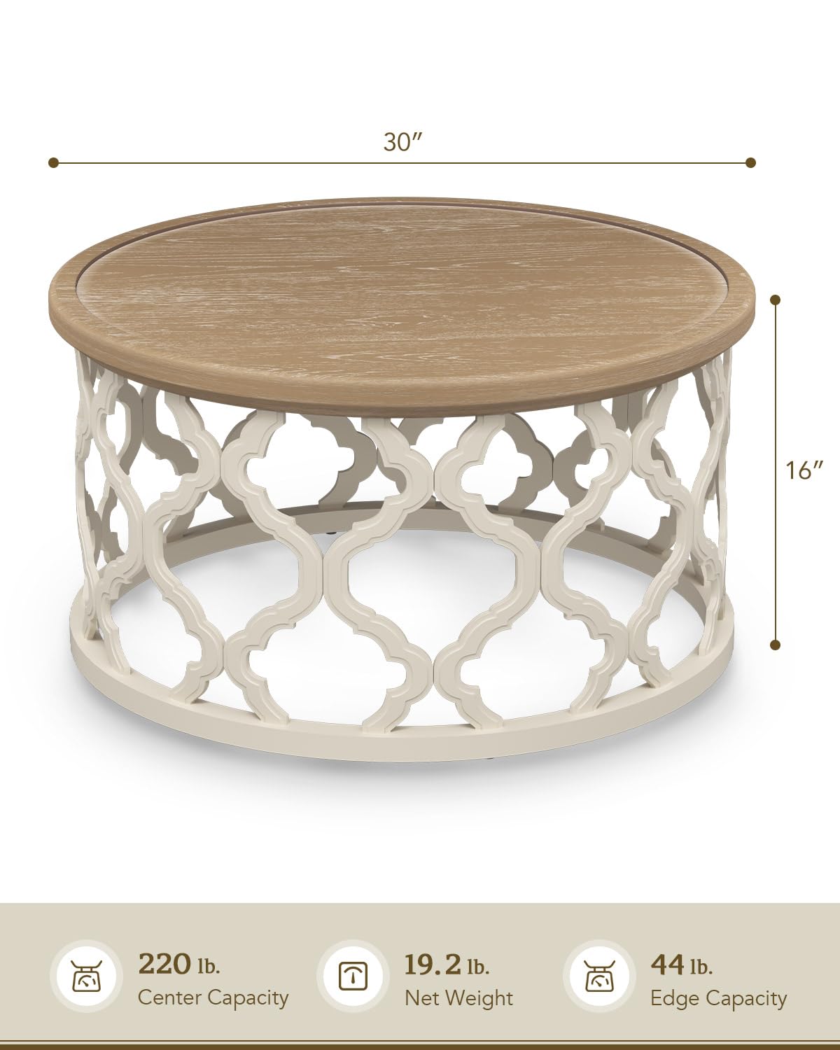 VONLUCE Farmhouse Coffee Table,30'' Round French Country Coffee Table,Distressed Wood Tray Top Vintage Coffee Table with Storage Shelf for Living Room Dining Room Bedroom,Small Space,Beige