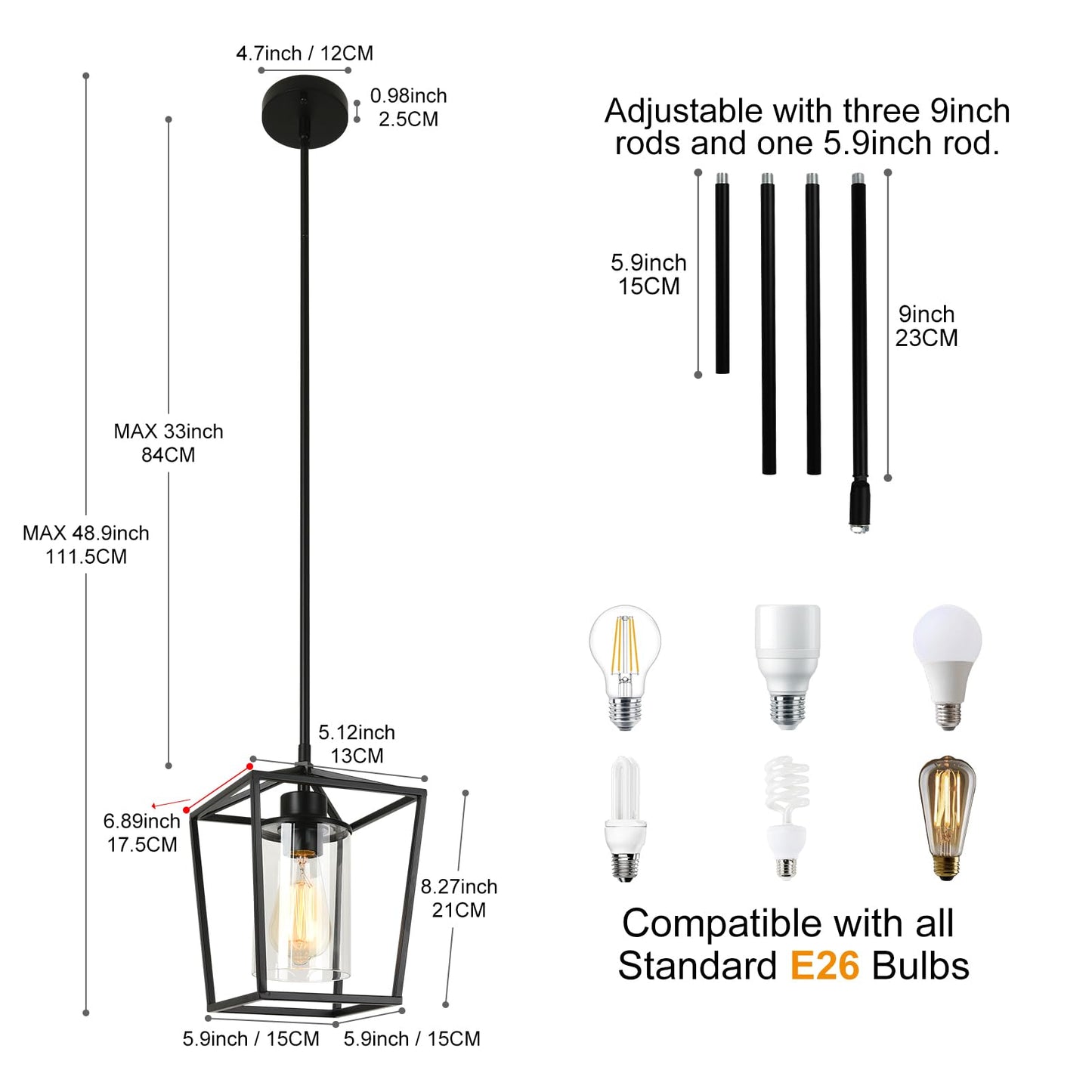 1-Light Black Pendant Light Fixture Farmhouse Iron Cage Metal Pendant Light Lantern Hanging Light Fixtures with Clear Glass Shade for Kitchen Island, Entryway, Dining Room, Hallway 5.9*5.9*8.27IN