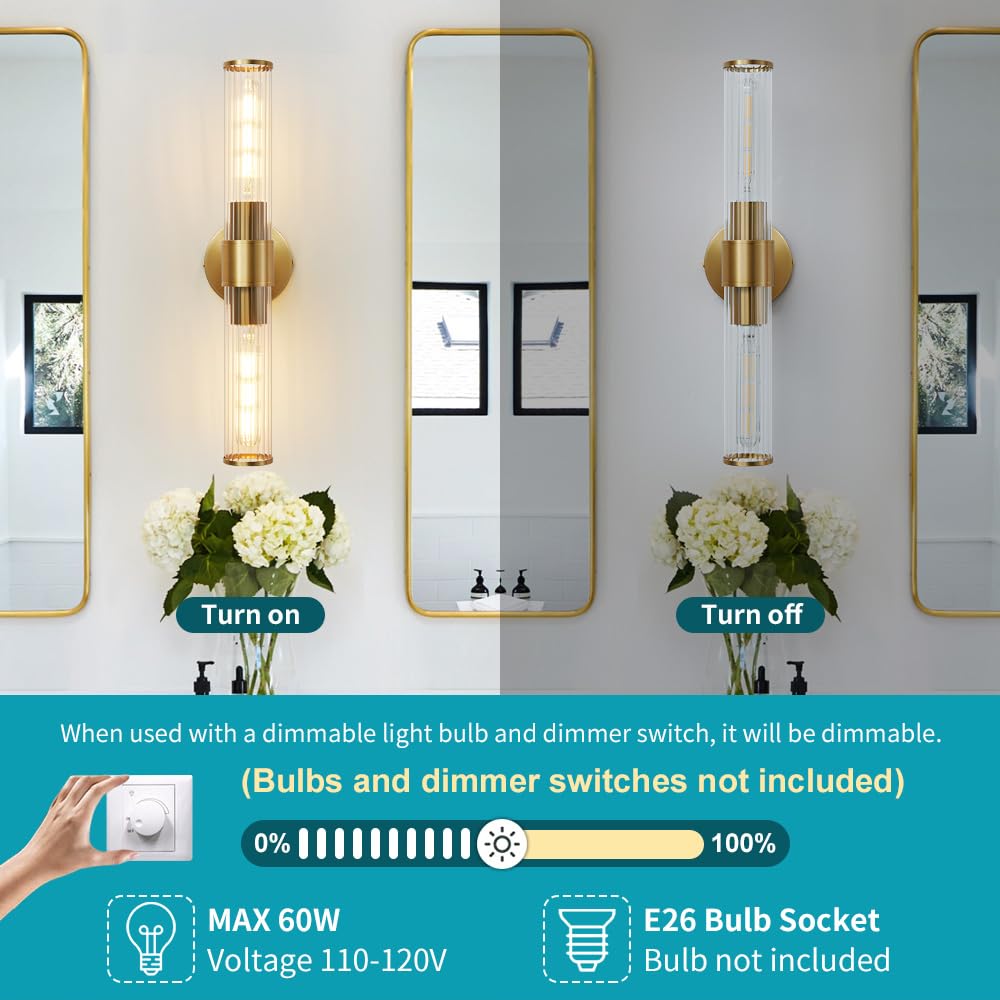 Vaziden Bathroom Light Fixtures, Gold Wall Sconce in Threaded Glass Indoor Wall Sconces, Modern Bathroom Vanity Light Up and Down Sconces Wall Lighting for Living Room, Hallway - Bulb Not Included