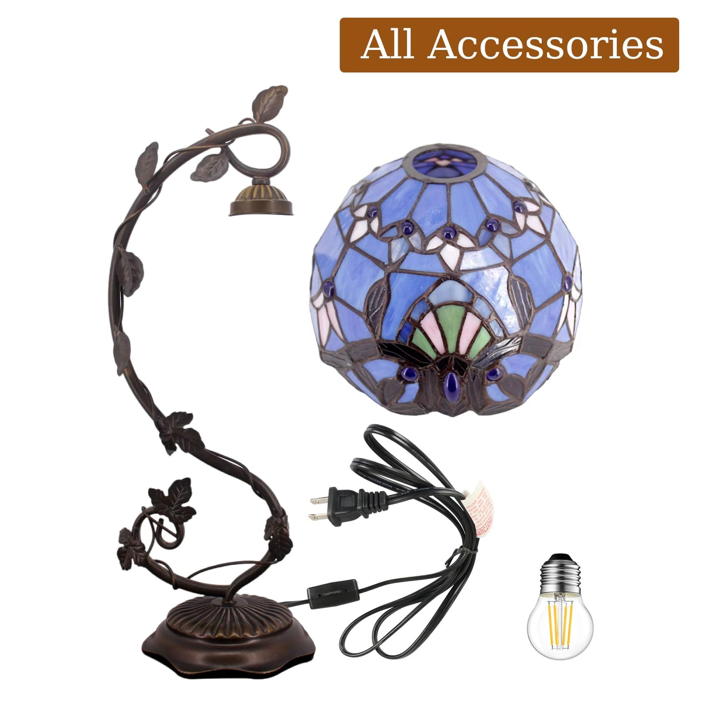 Tiffany-Style 8 Inch Table Lamp Stained Glass Baroque Lampshades Small Bedside Lamp Reading Antique Desk Light Livingroom Bedroom Office Vintage Art Deco Victorian