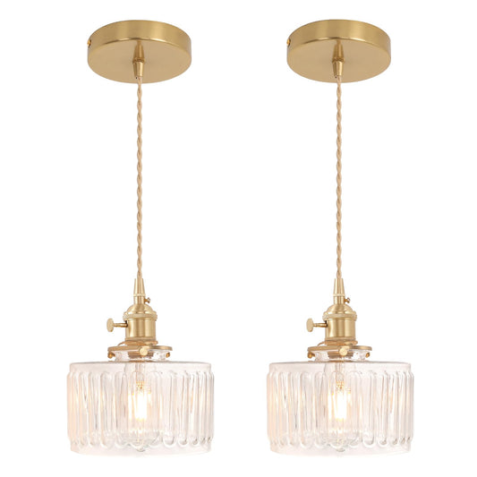 Shenmoyl Pendant Light 2 Pack with Clear Striped Glass Lmapshade, Brass Vintage Pendant Light Adjustable Hanging Light for Kitchen Island Dining Room Hallway