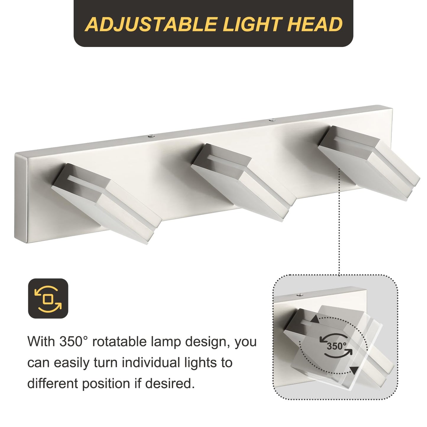 OKELI 3 Light Bathroom Vanity Light Brushed Nickel Modern 24W LED Dimmable Vanity Light Over Mirror 350° Adjustable Lamp Head Cold White 6000K ETL Listed 22Inch