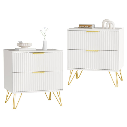 NOVAMAISON White Nightstand Set of 2, Modern Night Stand Bedside Table with 2 Storage Drawer, Bed Side End Table with Golden Handles and Legs for Bedroom, White