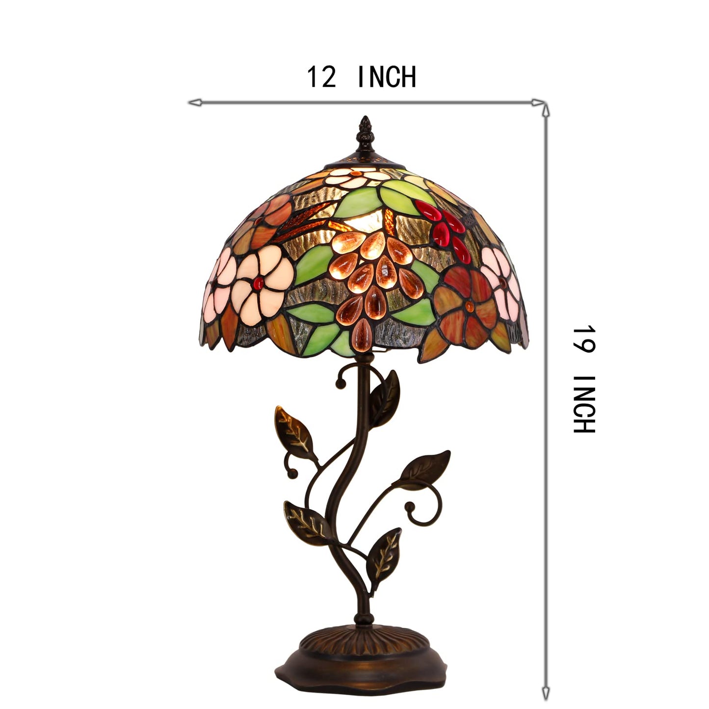 AVIVADIRECT Tiffany Lamp Purple Grape Style Stained Glass Table Lamp Desk Bedside Reading Light 12X12X19 Inches with Metal Leaf Base Decor Bedroom Living Room