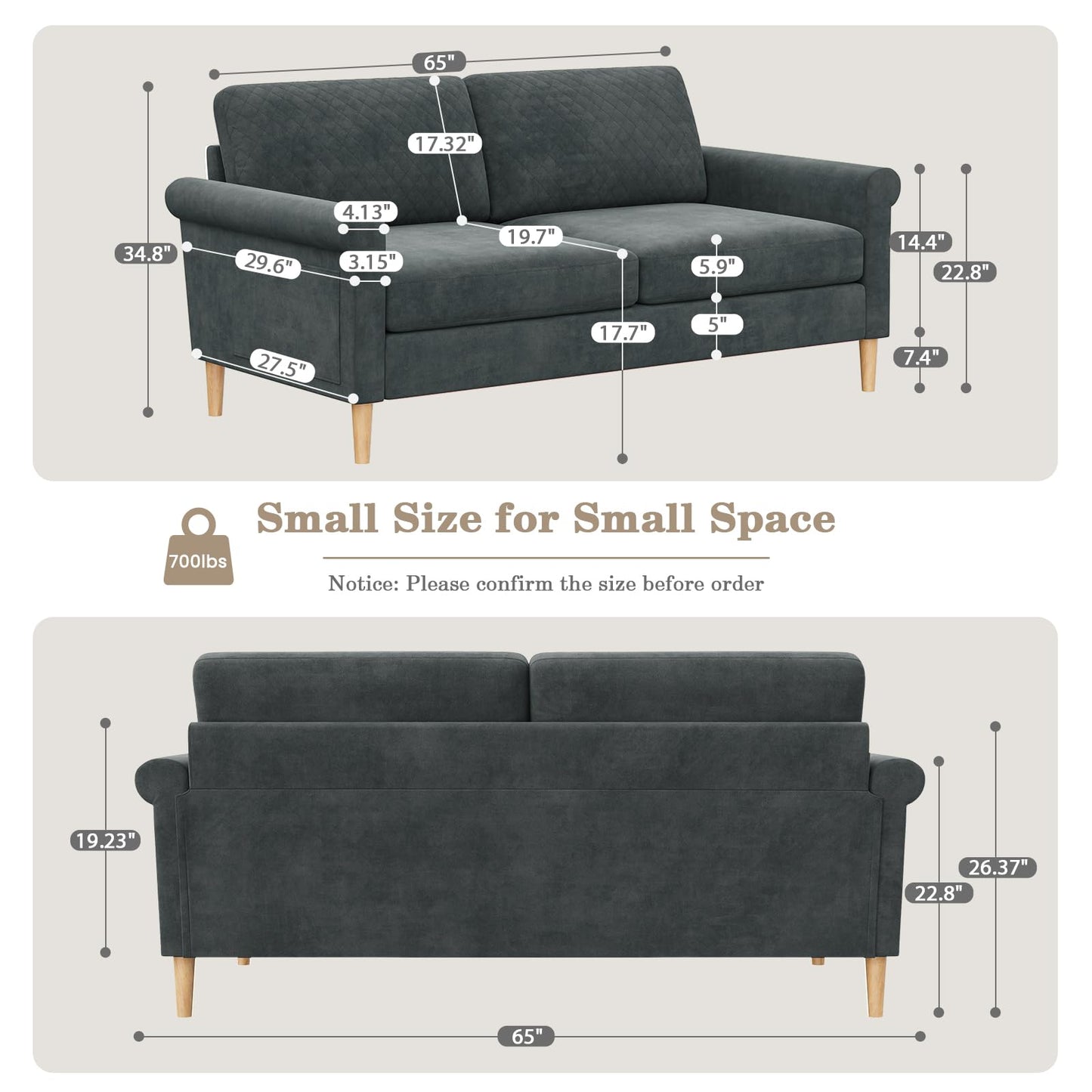 Vesgantti 65" Gray Loveseat, Comfy Mid-Century Modern 2-Seat Sofa, No-Tool Assembly Small Couch for Living Room & Bedroom