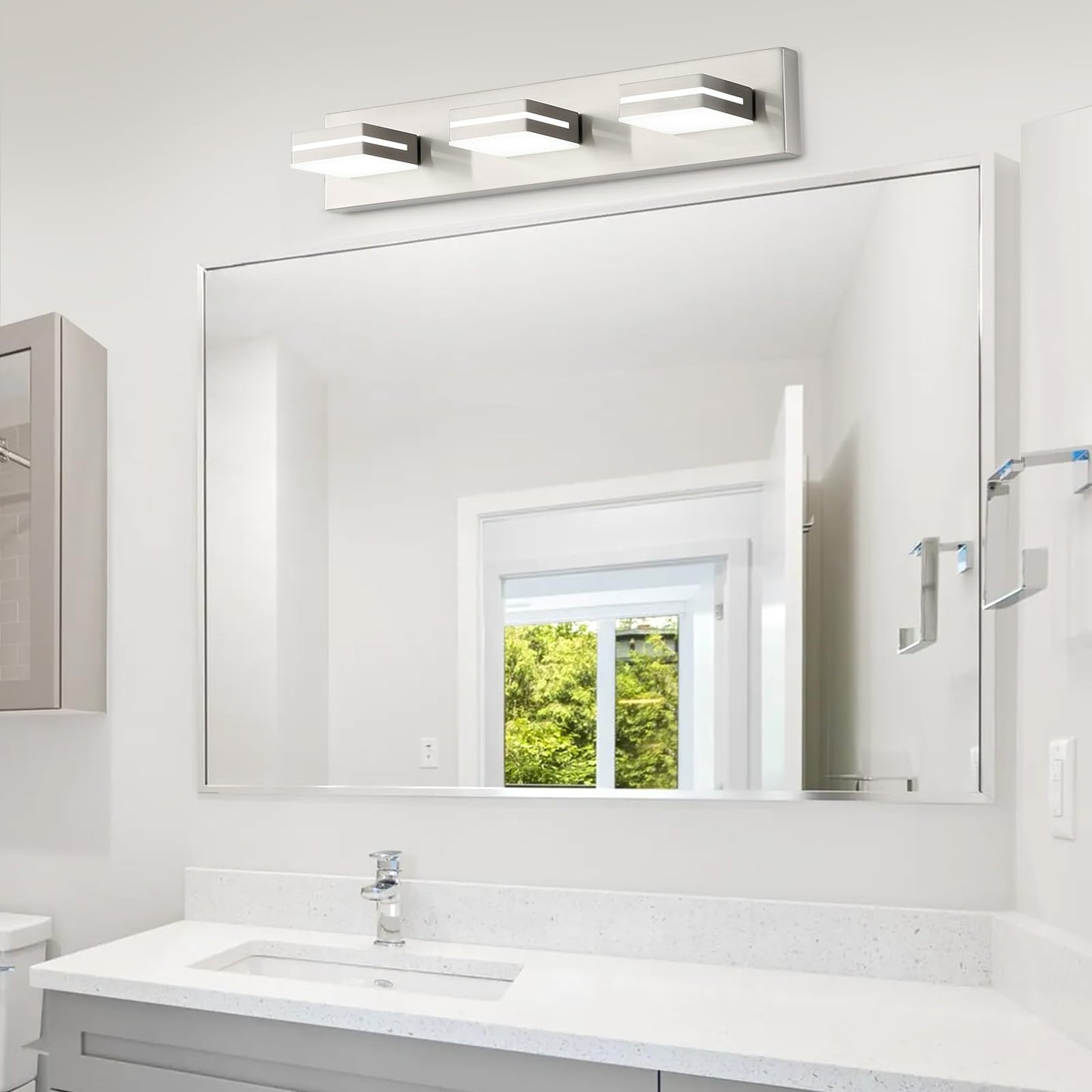 OKELI 3 Light Bathroom Vanity Light Brushed Nickel Modern 24W LED Dimmable Vanity Light Over Mirror 350° Adjustable Lamp Head Cold White 6000K ETL Listed 22Inch