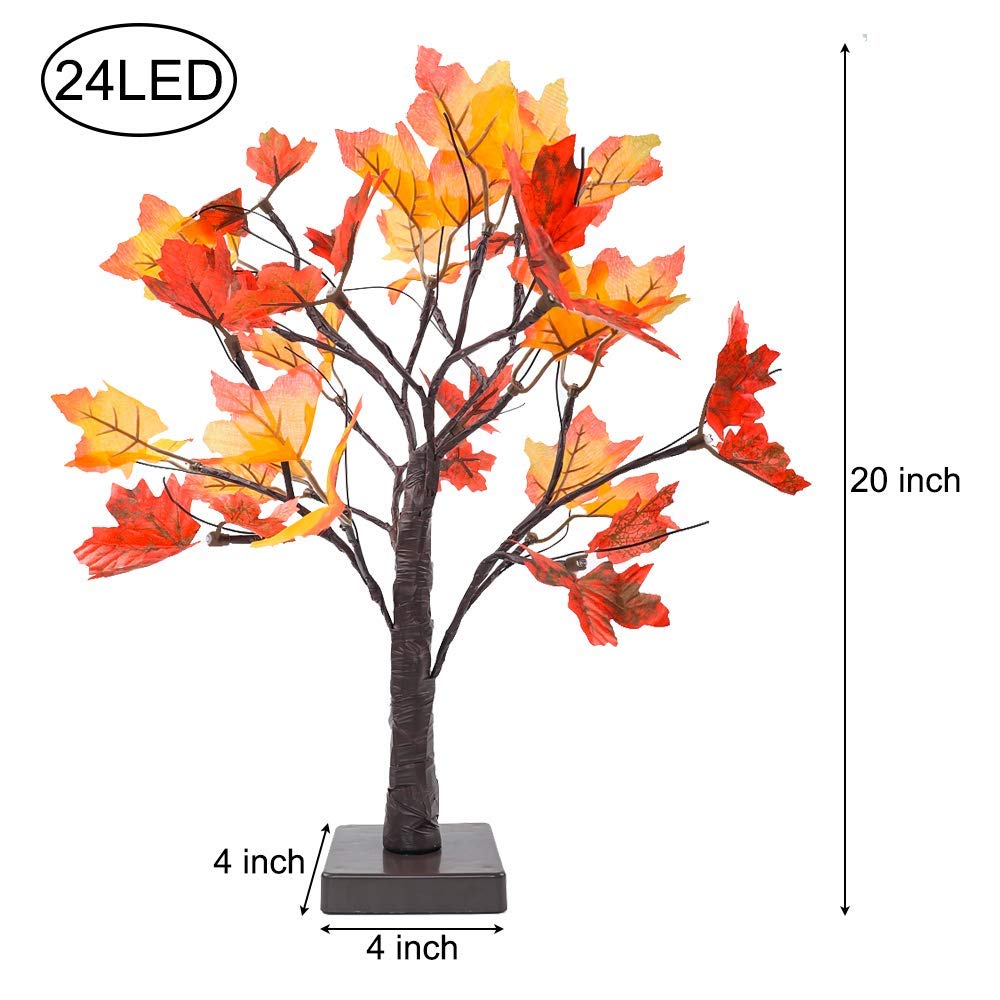 Artificial Fall Lighted Maple Tree 24 LED Thanksgiving Decorations Table Lights Battery Operated for Wedding Party Gifts Indoor Outdoor Autumn Harvest Home Decor