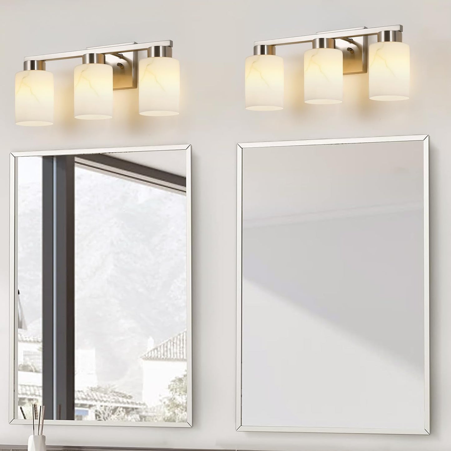 Mieloxiy 3-Light Bathroom Light Fixtures, Modern Vanity Lights, Brushed Nickel Metal Wall Lamp with White Marble Glass for Bathroom, Mirror, Living Room, Bedroom, Cabinet, Porch, Hallway, E26 Base