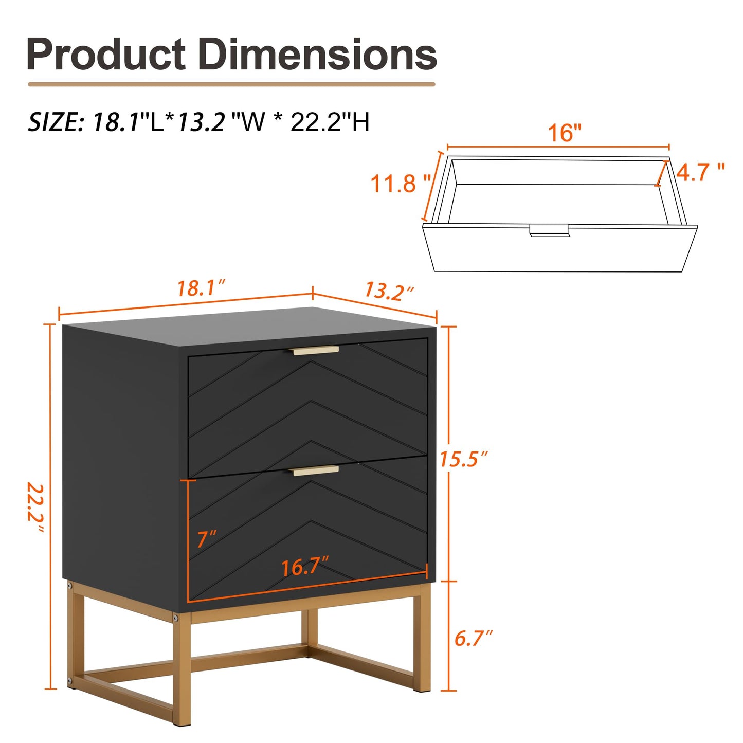 Scurrty Modern Nightstands, 2 Drawer End Table, Small Chest of Drawers, Nightstand Set of 1 for Bedroom,Dressers for Living Room, Bedroom (Black, Single)