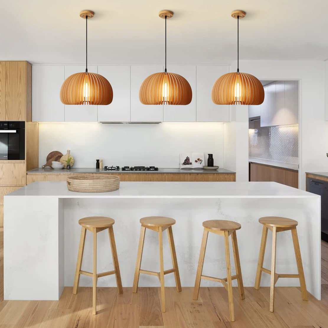 Flyrose Industrial Farmhouse Wood Pendant Lights Kitchen Island Boho Rattan Chandelier Japanese Pendant Lighting Large Dome Pendant Light Retro Dining Room Light Fixture