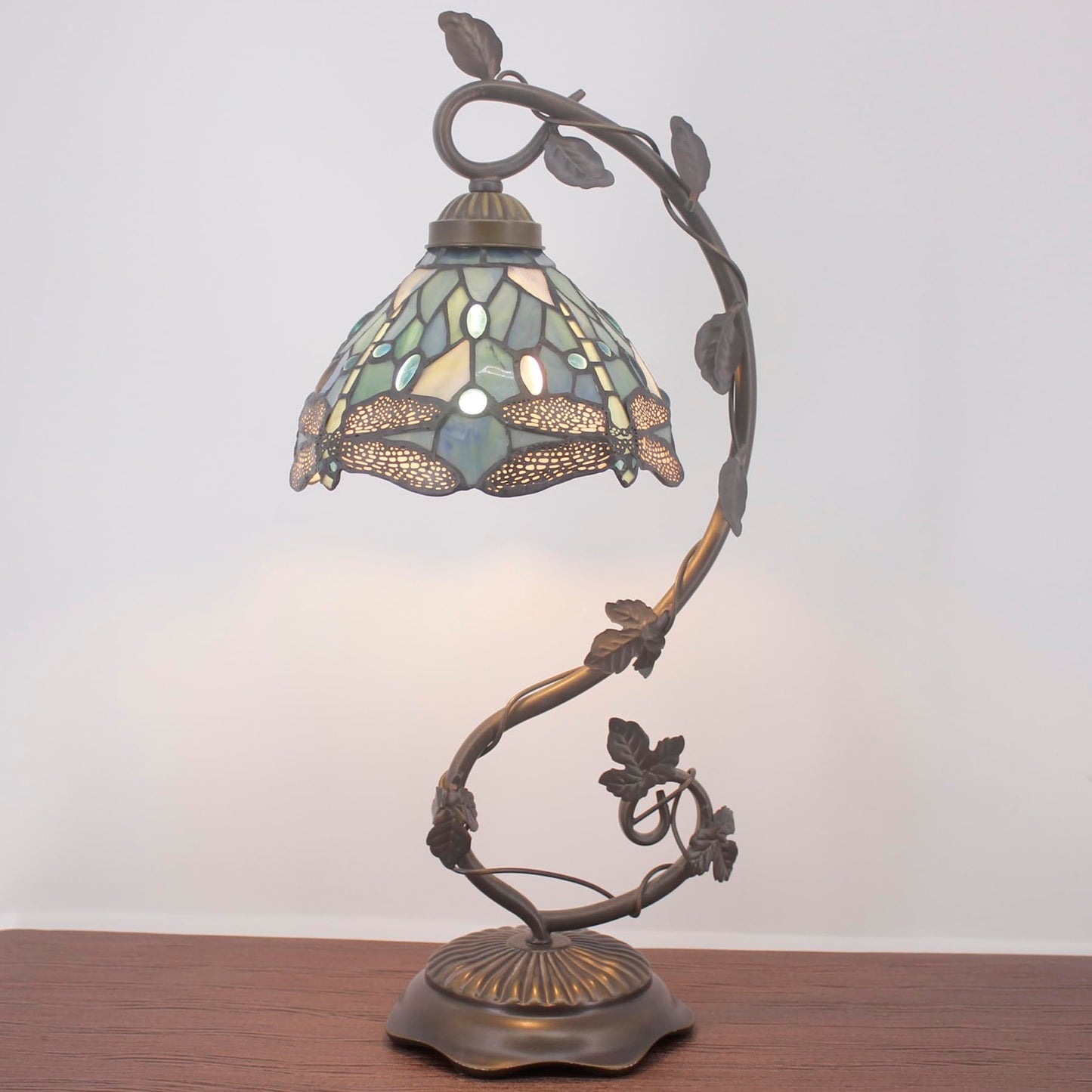 WERFACTORY Tiffany Lamp Sea Blue Stained Glass Dragonfly Style Desk Reading Light, Metal Leaf Table Lamp Base 8X10X21 Inches Decor Small Space Bedside Bedroom Home Office S147 Series